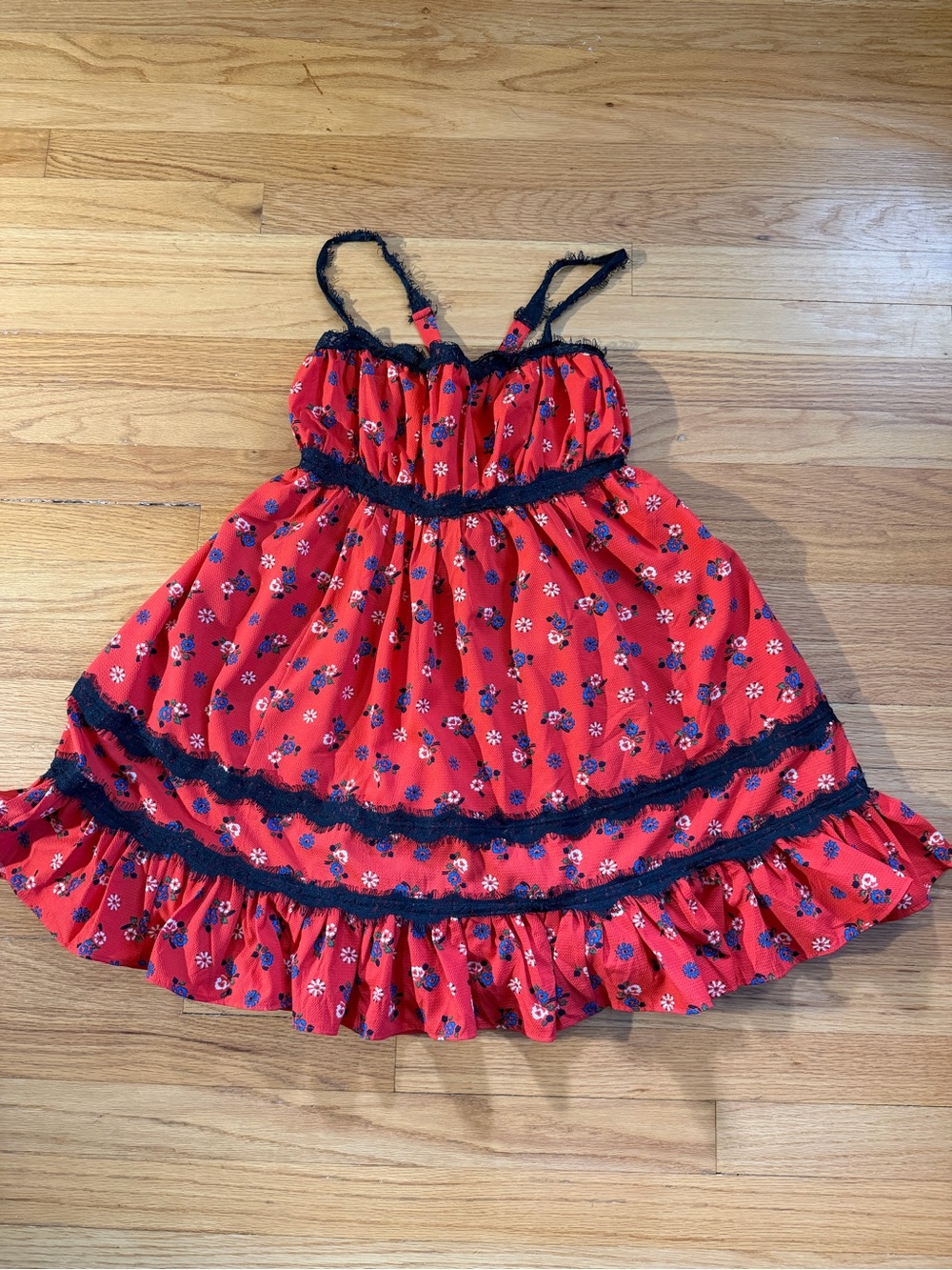 Urban Outfitters Red Floral Ruffle Dress with Black Trim Size M